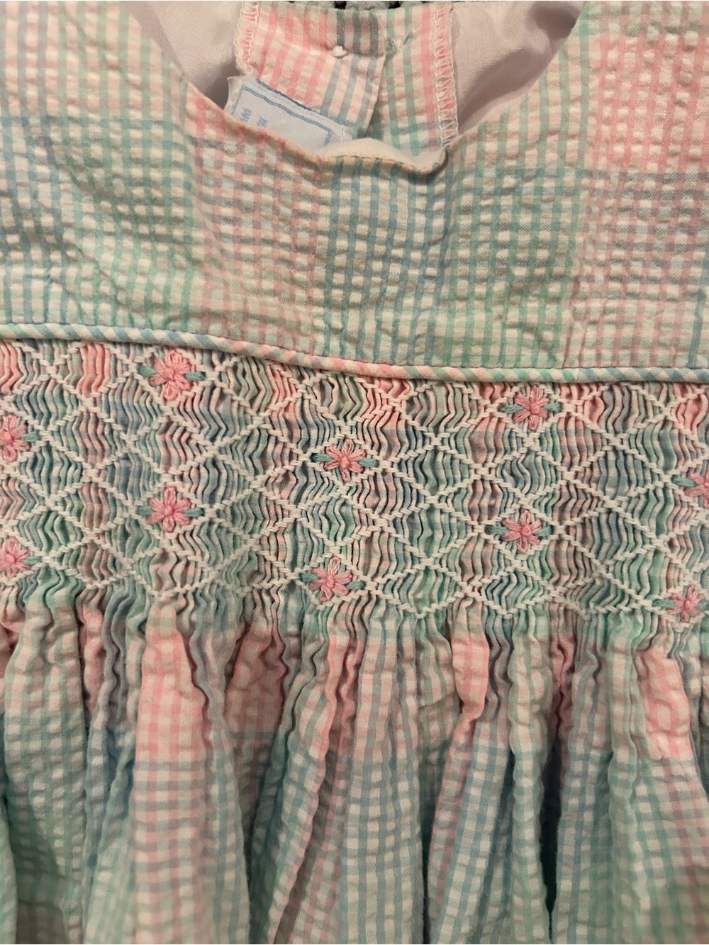 Little English Pastel Pink and Light Blue Gingham Smocked Bubble - Picture 2 of 3